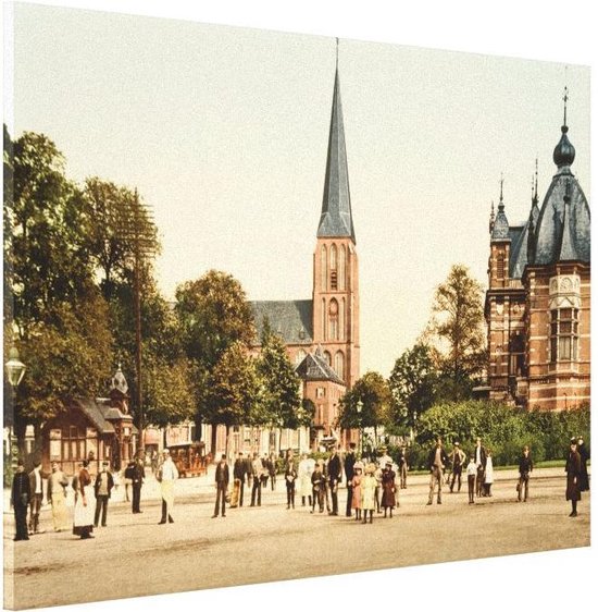 Oud Stadsgezicht Arnhem - Velperplein, Musis Sacrum en Sint Martinuskerk - Oude Foto Print op Canvas Doek - 90x60 cm