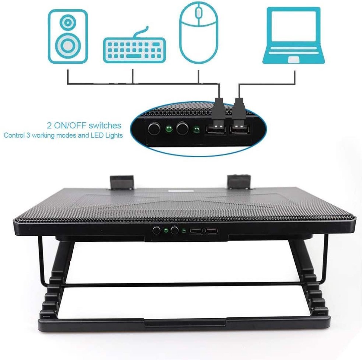 llano Laptop koelpad, gaming laptop koeler met krachtige turbo- koelventilator (5,5 inch diameter), oneindig variabele snelheid, aanraakbediening, 3-poorts USB A, verzegeld schuim voor snelle koeling