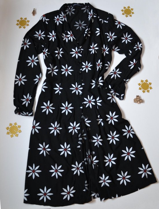 Dames blousejurk  zwart met bloemenprint volwassen lange mouw  viscose  luxe chic maat 38