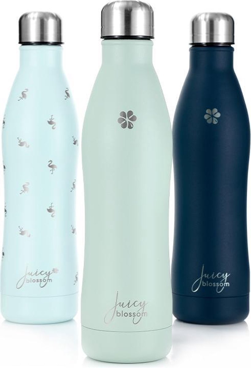Juicy Blossom Drinkfles - 500ml - Roestvrij staal - Stainless Steel Bottle - Waterfles - Drinkfles - Thermosfles (Muntgrijs)
