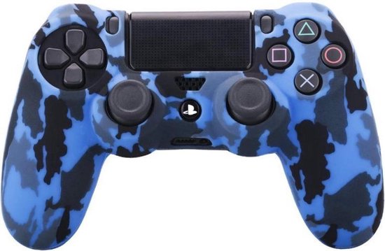 Camo Blauw Siliconen Beschermhoes + Thumb Grips + Lightbar Skin voor PS4 Dualshock PlayStation 4 Controller - Softcover Hoes / Case