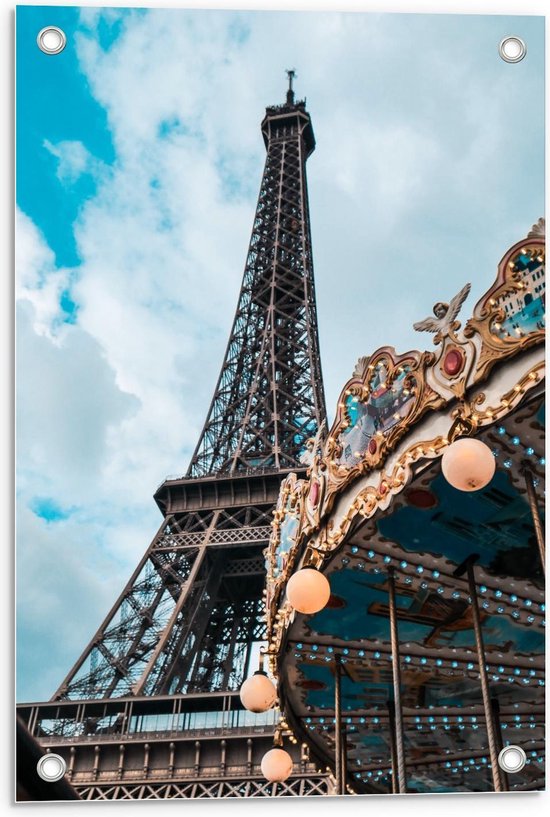 Tuinposter – Draaimolen bij de Eiffeltoren - 40x60cm Foto op Tuinposter  (wanddecoratie voor buiten en binnen)
