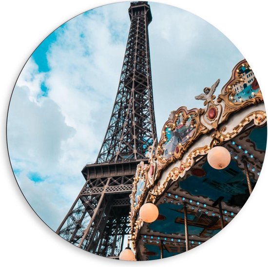 Dibond Wandcirkel - Draaimolen bij de Eiffeltoren - Foto op Aluminium Wandcirkel (met ophangsysteem)