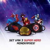 Set van 3 Rekbare Super Hero  Mondkapjes - Kindermaat S (kids t/m 8 jaar) - Niet-Medisch - Wasbaar - Herbruikbaar - Spider-Man - Iron Man - Captain America - Super helden