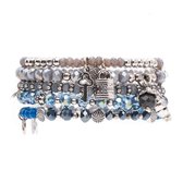 Biba kralen armbanden blauw- zilverkleurig 5 delig