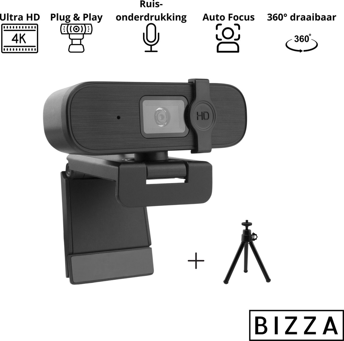 BIZZA High End webcam - 4K camera - Business edition - Ultra HD - Inclusief statief en webcam cover