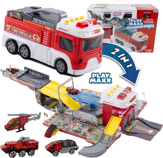 2 in 1 Brandweerwagen en Brandweerstation - Uitklapbaar - Licht & Geluid - Autobaan - Auto Speelgoed Jongens - Brandweer vrachtwagen - Brandweerauto Station met Accessoires - Incl. Helikopter en Auto's - PlayMaxx 2 in 1 Brandweerwagen en Brandweerstation - Uitklapbaar - Licht & Geluid - Autobaan - Auto Speelgoed Jongens - Brandweer vrachtwagen - Brandweerauto Station met Accessoires - Incl. Helikopter en Auto's - PlayMaxx