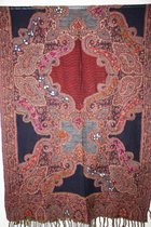 1001musthaves.com Wollen dames sjaal marine blauw bordeauxrood met meerkleurig borduurwerk 70 x 180 cm