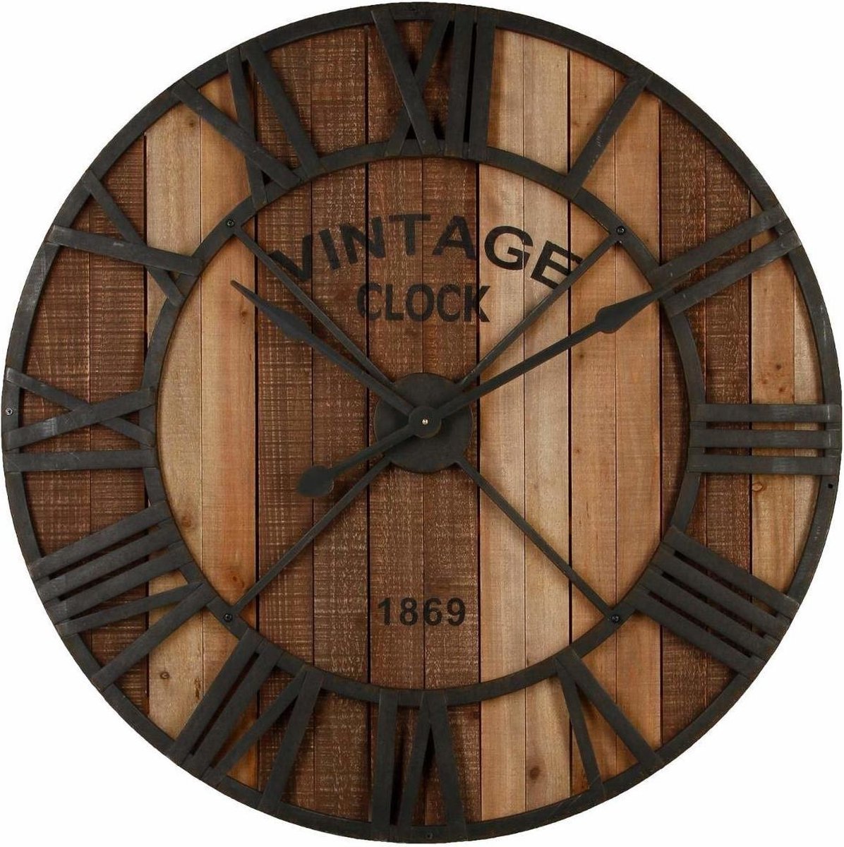 Originele Vintage Klok met Romeinse Cijfers, 91 CM - Grote Houten Wandklok in Loft-Stijl