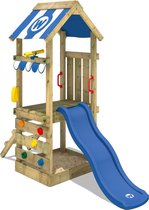 WICKEY Speeltoestel voor tuin FunkyFlyer met blauwe glijbaan, Houten speeltuig, Speeltoren voor buiten met zandbak en klimladder voor kinderen