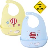 Flouer Siliconen Slabbetje Baby - 2 Stuks - Inclusief Baby on Board Sticker - Geel en Blauw