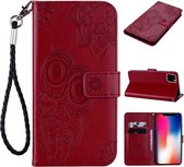 Leren bookcase iPhone 12 / iPhone 12 Pro - uil / bloemen - bordeaux