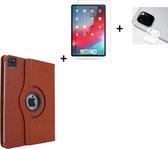 iPad Pro 2020 Hoesje - 12.9 inch - iPad pro 2020 Screenprotector - Camera protector - 360° Draaibare Book Case bruin + Tempered Gehard Glas + Camera lens protector