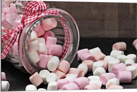 Dibond - Pot Marshmallows - 90x60cm Foto op Aluminium (Wanddecoratie van metaal)