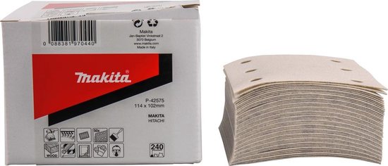 Doos Makita schuurpapier P-42575, 114x102 mm, K240. Stapel schuurpapier met 6 perforaties.
