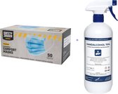 3 Laags Mondkapje - 50 stuks - Licht Blauw + Hand Alcohol Spray 70% Gedenatureerd met spraykop - 1 liter