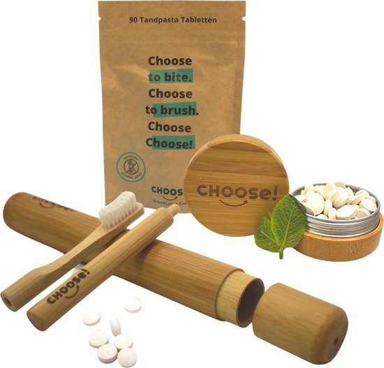CHOOSE Tandpasta Tabletten met Bamboe Tandenborstel, Bamboe Case en Bamboe Refill Pot - Box Complete | Natuurlijk | Milieuvriendelijk | Vegan | Fluoride | Dierproefvrij