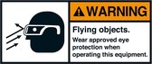 Warning Flying objects eye protection sticker, ANSI 35 x 80 mm