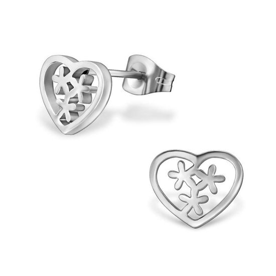 Aramat jewels ® - Oorbellen bloemen zweerknopjes hart zilverkleurig staal 10mm x 8mm