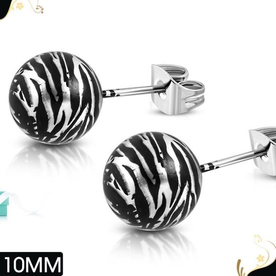 Aramat jewels ® - Bolletjes oorbellen zebra look zwart zilverkleurig staal acryl 10mm