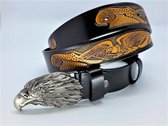 Lederen riem zwart, adelaar goudkleurig, 125cm, blackmetal adelaarskop buckle