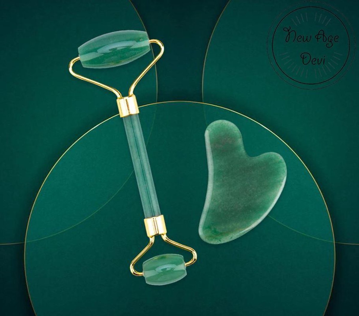 Goedkoopste New Age Devi - Jade Roller met Gua Sha Steen - inclusief handig juten opbergzakje - Groen