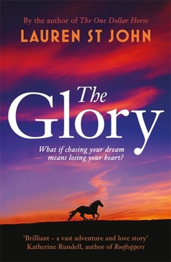 Boek 'The Glory' van Lauren St John, met een paard in silhouet tegen een zonsondergang.