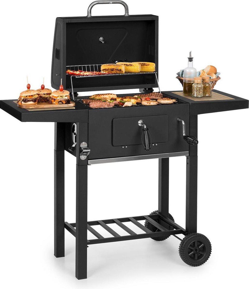 Klarstein Meat Machine barbecue - BBQ met deksel - Werkt op houtskool - 45x32,5 cm - Inclusief thermometer en zijtafels van hout - Met wieltjes - Zwart