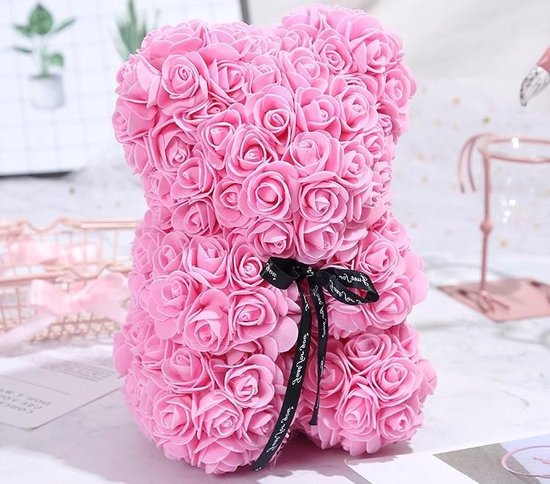 Roze Rozen Beer - 25cm - Vriendin | Liefde | Cadeau voor haar- Inclusief Luxe Giftbox