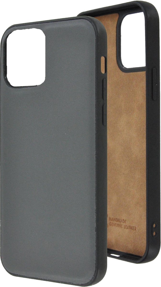 Geschikt voor iPhone 12 Hoesje - iPhone 12 hoesje Echt leer Back Cover P Case Grijs