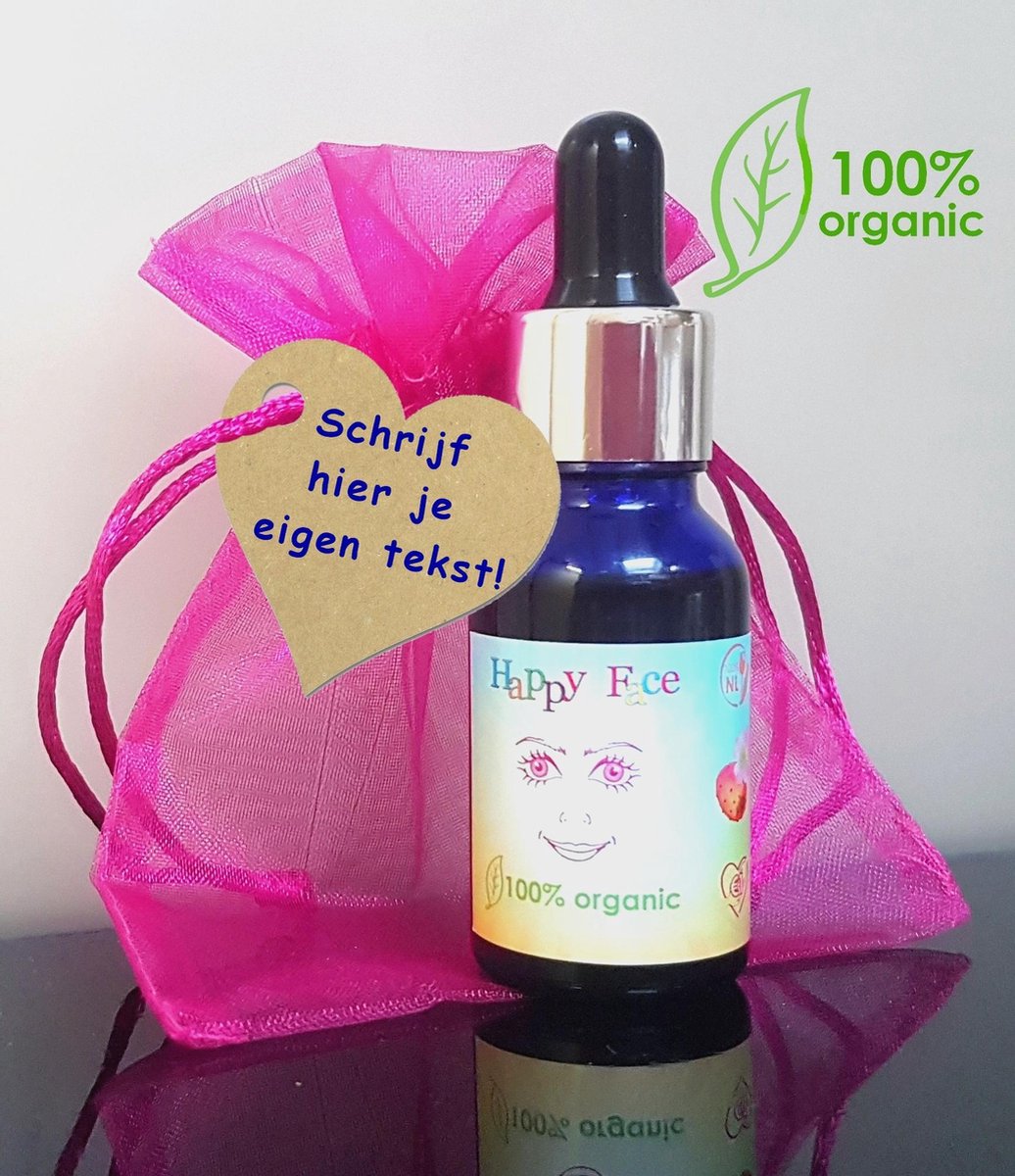 Happy Face Valentijn cadeau verpakking - 100% biologische gezichtsolie - eco - duurzaam cadeautje - Wilde Roos of Sinaasappel - gepersonaliseerd