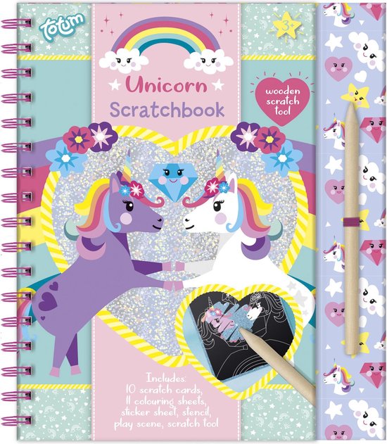 Totum Unicorn - kraskaarten en kleurboek - 24-delig inclusief sjabloon en stickers - scratch book