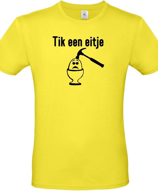 T-shirt met opdruk “Tik een eitje” – Geel shirt met Zwarte opdruk -  Merk B&C – Herojodeals- Leuk voor Pasen