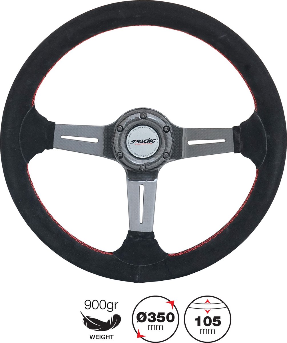 Simoni Racing High-End Racing Sportstuur Carlos 350mm - Echt Carbon - Zwart Suede + Rode Stiksels