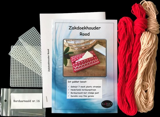 Foto: Plastic stramien borduurpakket zakdoekhouder rood 