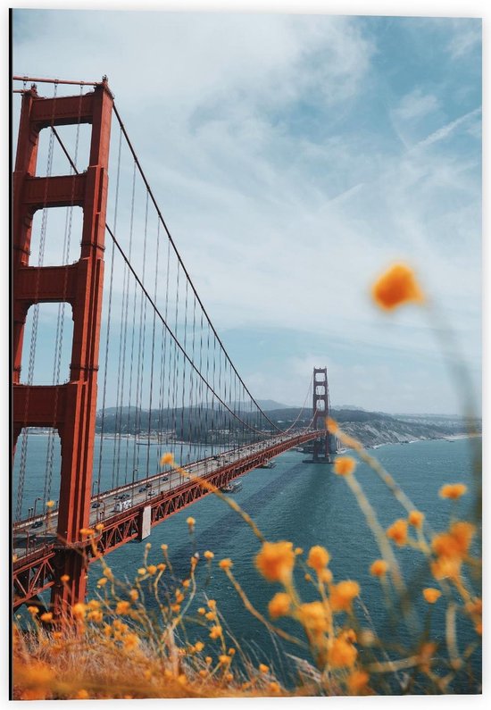 Dibond - Golden Gate Bridge in Californië - 40x60cm Foto op Aluminium (Wanddecoratie van metaal)