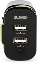 Sweex CH-027BL Lader 3-uitgangen 3 A 2x Usb / Usb-c™ Zwart/groen
