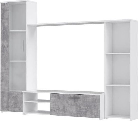 PILVI tv-meubel - Matwit en lichtgrijs beton - L 220,4 x D41,3 x H177,5 cm