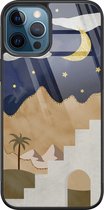 iPhone 12 hoesje glas - Woestijn - Hard Case - Zwart - Backcover - Natuur - Bruin