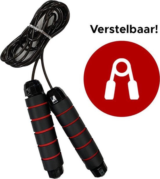 Zwart springtouw met rode accenten op de handvatten. Tekst 'Verstelbaar!' en een icoon voor grip.
