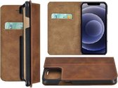 iPhone 12 Mini hoesje - Bookcase - Portemonnee Hoes Ultra dun Echt leer Wallet case Cognac Bruin