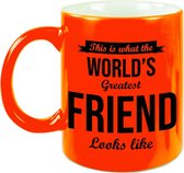 Worlds Greatest Friend cadeau koffiemok / theebeker neon oranje 330 ml