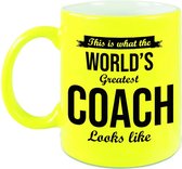 Worlds Greatest Coach cadeau koffiemok/theebeker neon geel 330 ml