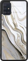 Samsung A51 hoesje glas - Marmer wit goud - Hard Case - Zwart - Backcover - Marmer - Grijs