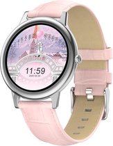 Belesy® LOVERS HUG -  Smartwatch Dames - Smartwatch Heren - Horloge - Stappenteller - Full Touch – Diverse Wijzerplaten - Bloeddruk - Mutli sport – Zilver – Leer - Roze