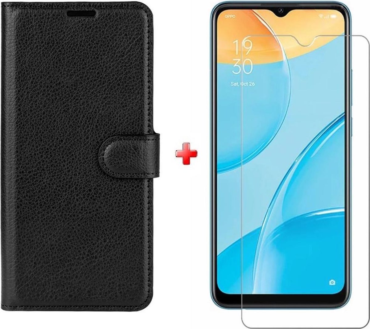 Oppo A15 - zwart book case agenda hoesje + Glas screenprotector