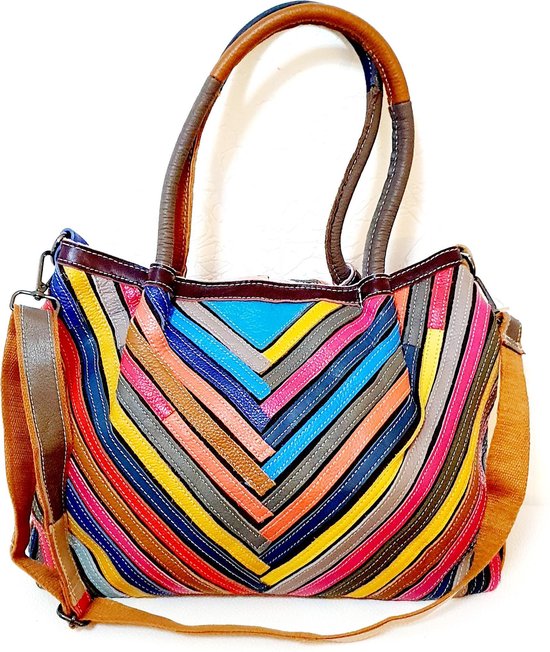Handtas schoudertas gestreepte tas echt LEDEREN gekleurd tas - multicolour bol.com