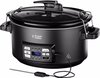 Zwarte Russell Hobbs slowcooker met digitale bediening ingesteld op 75°C, inclusief temperatuursonde.