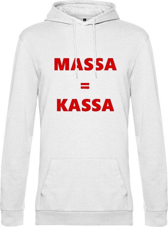 Hoodie met opdruk “Massa is kassa” Witte hoodie met rode opdruk – Goede pasvorm, fijn draag comfort