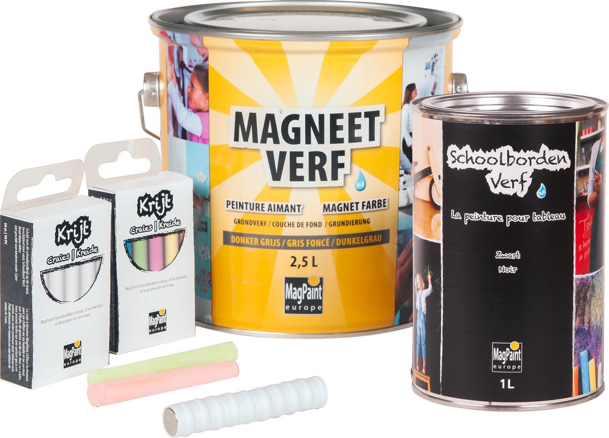 Magneetverf & Schoolbordenverf Pakket - 2500ml Magneetverf Zwart + 1000ml Schoolbordenverf Zwart + Krijtjes + 10 Neodymium Magneten